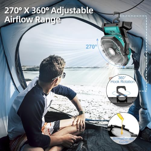 Camping Fan Rechargeable, 20000mAh Battery Powered Portable Fan with LED Light, 4-Speed 180° Adjustable, Camping Essentials for Tent, Travel, Car, Outdoor, Indoor, BBQ, Fishing, Jobsite - Blue - Image 5