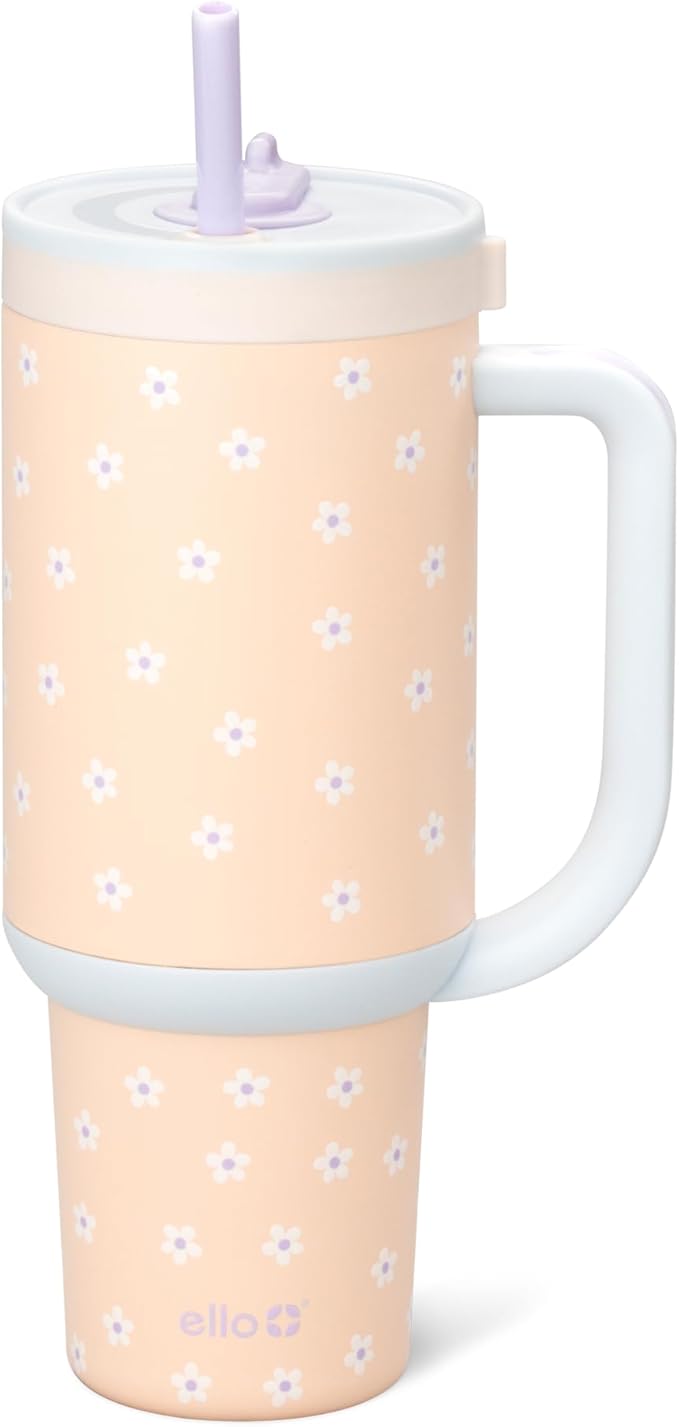 Ello Oasis 40 oz Tumbler with Handle & Retracting Straw | Reusable Insulated Stainless Steel Cup 100% Leakproof, Gifts for Teens Women Men | Keeps cold for 24 Hours, Cup Holder Friendly, Daisies by Ello