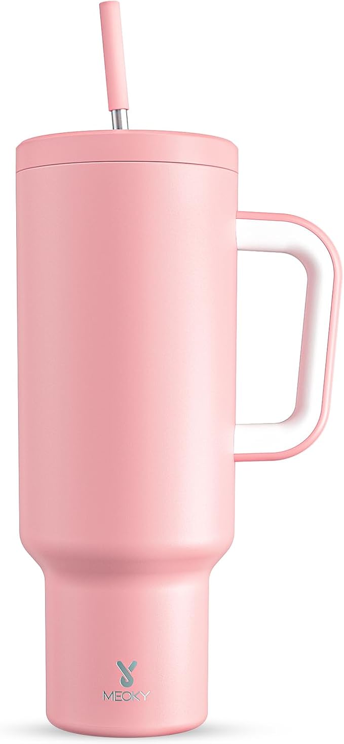 Meoky 50 oz Tumbler with Handle, Tumbler with Lid and Straw, Insulated Stainless Steel Travel Mug, 100% Leak-proof, Keeps Cold for 36 Hours or Hot for 12 Hours (Blush) by MEOKY