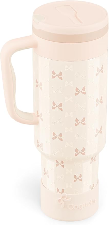 40 oz Insulated Tumbler with Handle and Push-Button Straw Lid, Stainless Steel Travel Cup for Gym Office, Leakproof, BPA-Free, Cup Holder Friendly, Bow Silicone Boot, Cream (Bow Cream) by Coquella