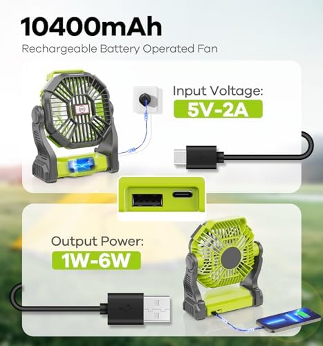 DOWILLDO Portable Battery Powered Camping Fan - with LED Light, Quiet Battery Operated, Camping Gear for Travel, Tent, Beach, Car or Hurricane Power Outages - Image 2