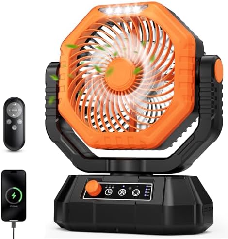 AJVV Camping Fan with Light, Remote and Oscillation, Battery Powered Hanging Tent Fan, Rechargeable Portable for Camp, Outdoor, Emergencies, Fishing, RV Travel, Jobsite by AJVV