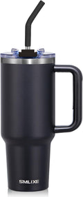 40 oz Tumbler with Handle and Straw Lid,Insulated Reusable Stainless Steel Water Bottle Travel Mug，Cupholder Friendly Double Wall Vacuum Sealed Cup (Black) by smlixe