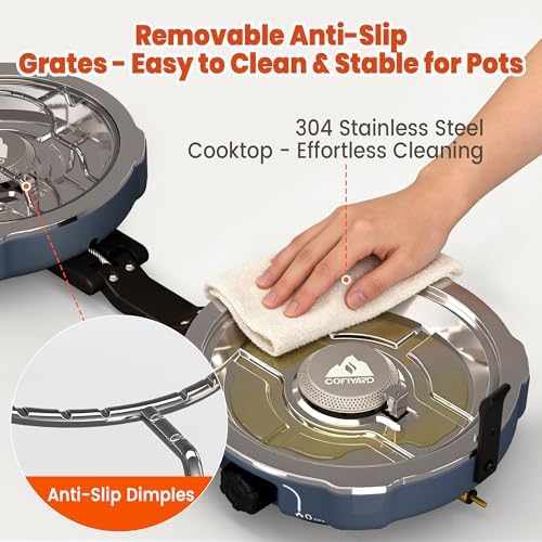 Cofiyard 20,000 BTUs 2 Burner Propane Camping Stove, Portable Folding Camp Stove with Adjustable Burners, Built-in Ignition and Carrying Bag, Dual Gas Stoves for Tailgating, Camping, BBQ Overland Grey - Image 5