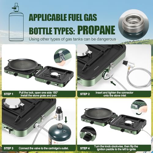 Portable Camping stove, 2 Burner Foldable Camping Stove with Griddle and Carrying Bag & Hose, 8600BTU Portable Propane Camp Stove with Ignition & 2 Adjustable Burners,for Camping Tailgating BBQ Grill - Image 6