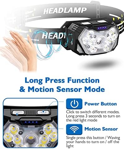 2000LM Ultra Bright 9 LED Headlamp, USB C Rechargeable Headlight, 10 Modes, Waterproof Motion Sensor Head Lamp Flashlight with White Red Light, Adjustable Headband for Adults Outdoor Hiking - Image 4