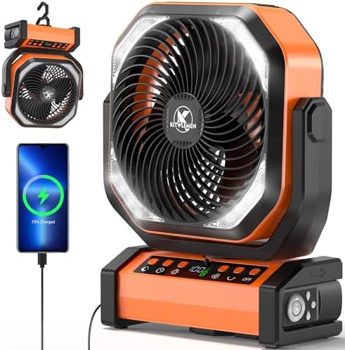 Camping Fan with Light - 20000mAh Rechargeable Battery Tent Fan, 112Hrs Max, 8 Speeds, Digital Display, Timer, Auto Oscillation, 270° Pivot & Hook for Garage, RV, Hurricane, Co-Branded with AMACOOL by KITWLEMEN