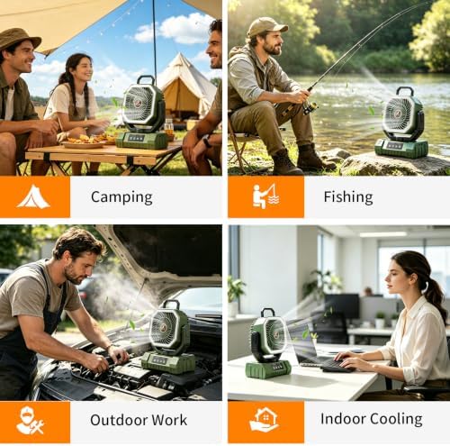 Camping Fan Rechargeable - 20000mAh Cordless Battery Powered Portable Fan with LED Lantern, Remote Auto Oscillating Wireless Fan USB Rechargeable Tent Fan for Travel Outdoor Cooling Car Home (Green) - Image 6