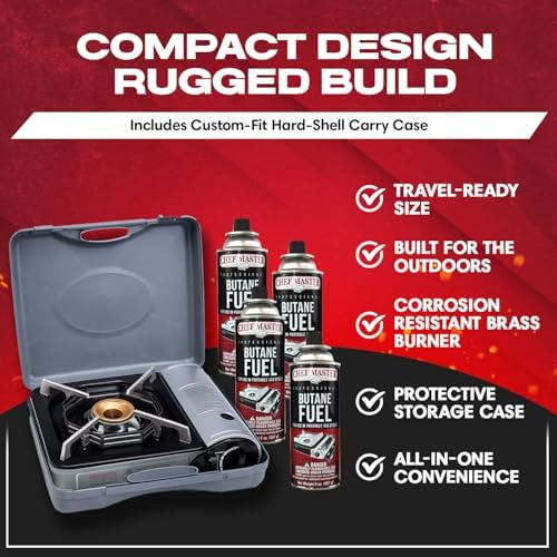 Chef Master Portable Butane Stove Combo for Camping - Stove + 4x 8oz Butane - 10,000 BTU Countertop Gas Burner w/Piezo Ignition - Good for Indoor & Outdoor Cooking w/Wind Guard & Carry Case - 90011 - Image 4