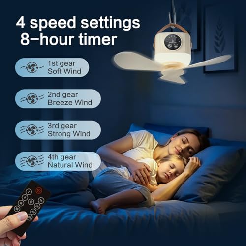 Portable Fan with Remote, 7200mAh Low Noise USB Fan 4 Speeds & 3 Warm Lights, Hanging Travel Fan with Timer, for Workshop Dorm Room Bedroom Camping Tent - Image 5