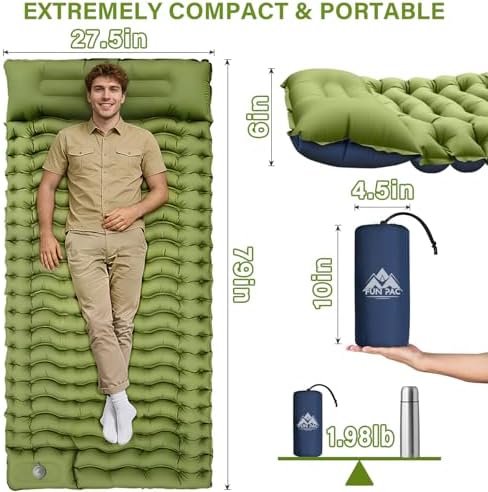 FUN PAC Camping Sleeping Pad, Ultralight Camping Mat with Pillow, Built-in Foot Pump Inflatable Sleeping Pads Compact for Camping Backpacking Hiking Traveling Tent,Single,Green - Image 2