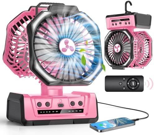 Dual Head Portable Rechargeable Fan 20000mAh Battery Powered Camping Fan Cordless with LED Lantern & Remote, Auto Oscillation, Hook, Battery Operated for Tent Office Travel Picnic Jobsite Pink by OnlyNewforYourLife