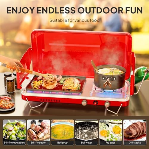 ROVSUN 2-in-1 Portable Camping Stove & Propane Grill with Enamel Griddle & Piezo Igniter, Tabletop Camp Stove with Built-in Handle, Wind Panel & Adapter for Outdoor Camping, Tailgating, Grilling - Image 2