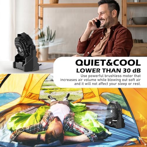 Camping Fan Rechargeable, 10400mAh Portable Battery Operated Camping Fan for Tents, Hangable USB Silent Camping Fans with LED Lantern, Suitable for Fishing, Camping, Bedroom, Workplace (Black) - Image 4