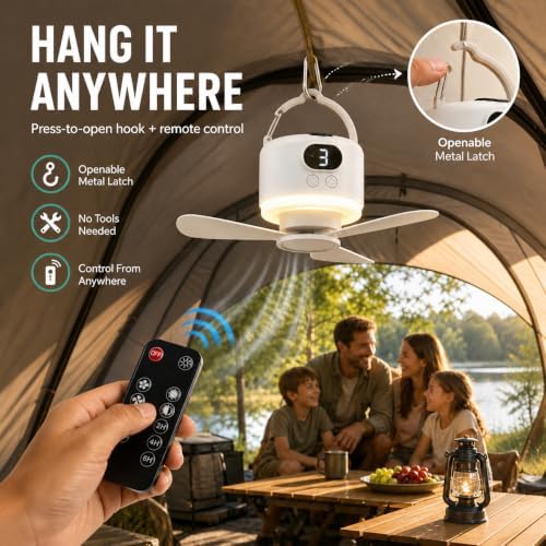 Camping Tent Fan with Light, Rechargeable Hanging Fan with Remote - Image 3