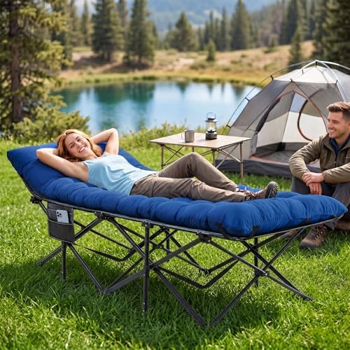 JEAREY Folding Camping Cot for Adults, 32in Wide with Mattress, Navy - Image 2