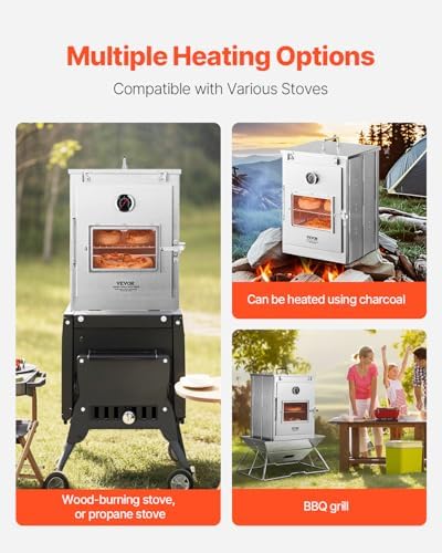 VEVOR Foldable Camping Oven, Stainless Steel Portable Camping Stove, with 3 Tier Grill, Handle and Thermometer, Use with Wood Burning Fire, Propane Stoves, for Baking Bread, Pizza, Outdoor Cooking - Image 3