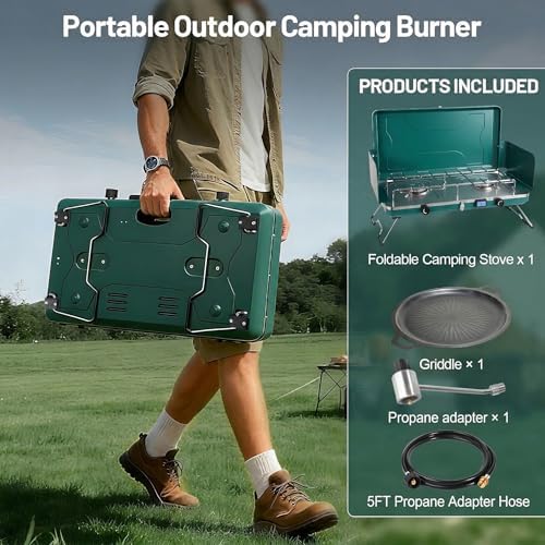 2 Burner Propane Stove, 20000BTU Portable Camping Stove with 2 Adjustable Burner and Wind Guards, Camping Cooktop with Ignition & Griddle for Camping,Tailgating, BBQ, Grilling,Outdoor Gear - Image 3
