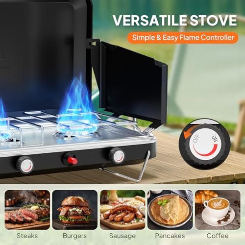 ROVSUN 25000 BTU Propane Camping Stove with Igniter, 3 Burner Portable Camp Stove with Adapter, Built-in Handle & Foldable Wind Panel for Outdoor Camping, Tailgating, Grilling - Image 5