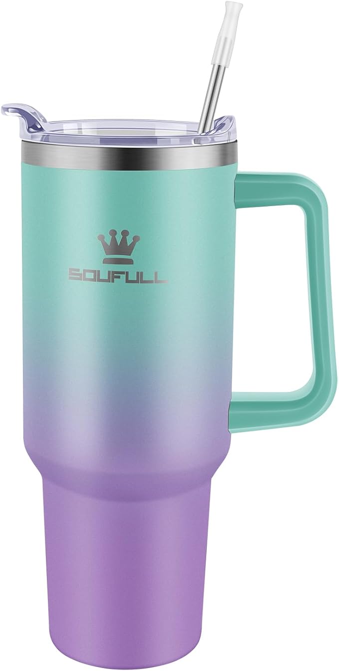 40 oz Tumbler with Handle and Straw Lid, 100% Leak-proof Travel Coffee Mug, Stainless Steel Insulated Cup for Hot Cold Beverages, Keeps Cold for 34Hrs or Hot for 10Hrs, Dishwasher Safe (GreenPurple) - Image 2