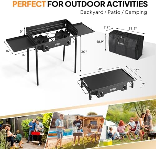 ROVSUN 2 Burner Outdoor Propane Gas Stove with Regulator, Windpanel, Bag & Side Shelves, 150,000 BTU Powerful Stand Cooker for Backyard Cooking Camping Home Brewing Canning Turkey Frying - Image 6