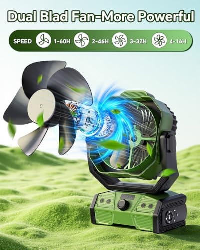 Camping Fan with Remote, 30000mAh Rechargeable Battery Operated Tent Fans with LED Light & Hook, Quiet USB-C Fan for Outdoor Camping, Power Outage, Car, Travel(Green) - Image 3