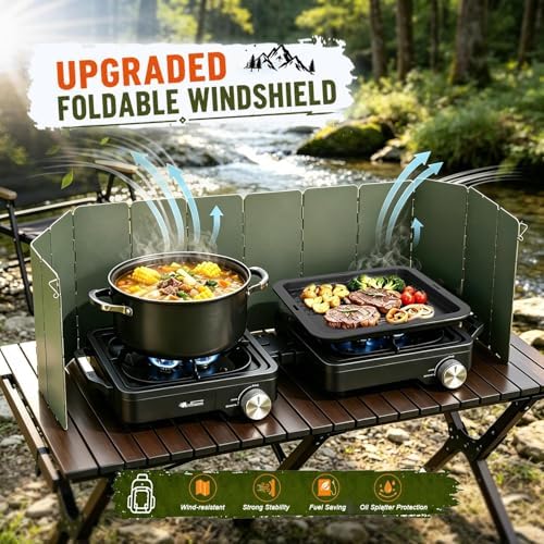 ARTFLAMM 29000 BTU 2 Burner Camping Stove with Windshield, Propane Camp Stove, Portable Folding Gas Stove, Camping Essentials Gear Includes Frying Pan, Coffee Stand & Carry Bag fathersdaygift - Image 3