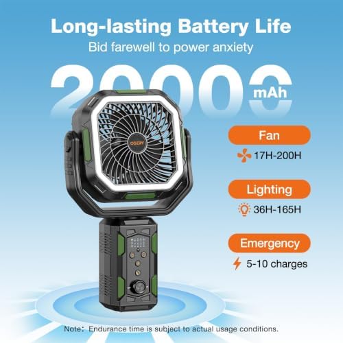 OGERY F21 Camping Fan with Stand, 20000mAh Rechargeable Battery Powered Standing Fan, LED Lanterns for Power Outages, Strong Wind, Fast Charging for Tent, Travel, Bedroom, Camping Essentials - Image 2