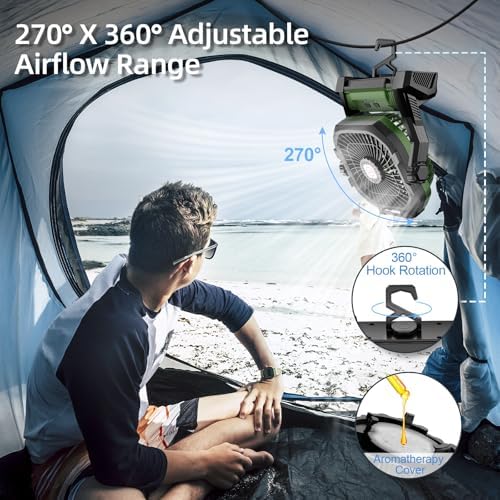 Camping Fan Rechargeable, 20000mAh Battery Powered Portable Fan with LED Light, 4-Speed 180° Adjustable, Camping Essentials for Tent, Travel, Car, Outdoor, Indoor, BBQ, Fishing, Jobsite - Green - Image 5