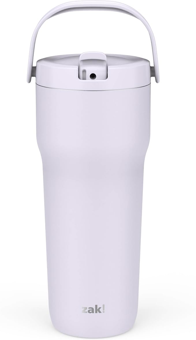 Zak Designs Sutton Travel Tumbler for On the Go, 30oz Stainless Steel with Vacuum Insulation, Straw Spout, Carry Handle for Cold Drinks (Smoky Lilac Purple) by ZakDesigns