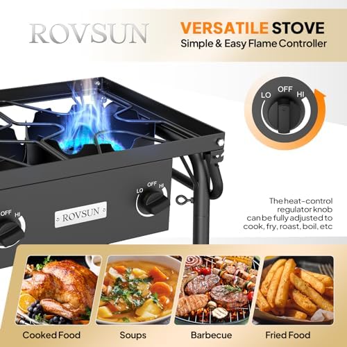ROVSUN 3 Burner Gas Stove with 2 Side Shelves, 225,000BTU Portable Propane Stove with Removable Leg, Wind Panel, Regulator for Camping Home Backyard Outdoor Cooking Brewing Canning Turkey Frying - Image 5