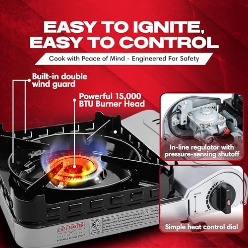 Chef Master Butane Camping Stove + 4x 8 oz Fuel, Backpacking, 15,000 BTU - Image 3