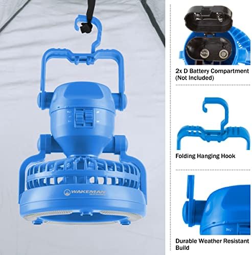 Camping Lantern with Fan Set – Set of 2 Weather-Resistant Camping Lights with 18 LED Bulbs and High and Low Fan Settings by Wakeman (Blue) - Image 5