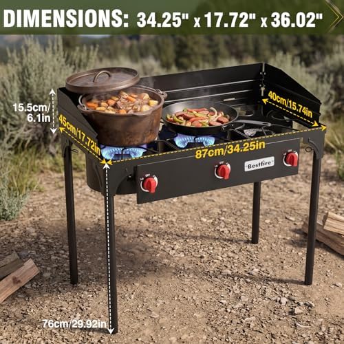 BESTFIRE 3 Burner Camping Stove, 225,000 BTU Propane Stove with Detachable Windscreen, Removable Legs & 20 PSIG Regulator&Octagonal Auxiliary Shelf&Ignition wire for Outdoor Cooking, Canning, BBQ - Image 5