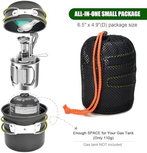 Odoland 8pcs Camping Cookware Mess Kit, Camping Pot and Pan Set with Mini Backpacking Stove, Stainless Steel Cup, Spork and Tank Bracket, Cooking Gear for Outdoor, Hiking, Picnic, Campfire - Image 2