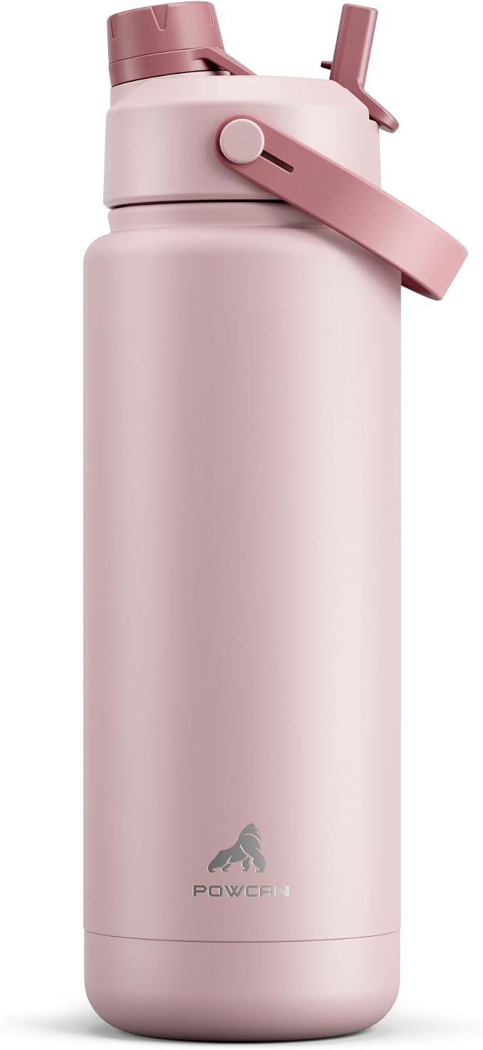 POWCAN 32 oz Insulated Water Bottle with 2-in-1 Straw and Spout Lid, Keep Cold 24H, Leak-Proof, BPA-Free, Double Wall Stainless Steel Water Bottle for Sports, Gym, Travel, and School (Dried Rose) by POWCAN