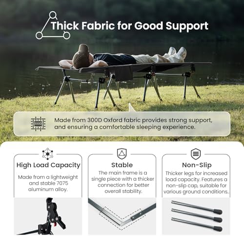 ONETIGRIS SUPRANUBIS Camping Cot, Height Adjustable with Cot Leg Extenders, Strong Support 330lbs, Lightweight Comfortable Folding Bed for Camping, Hiking, Travel, Truck, Beach, Office Nap - Image 2