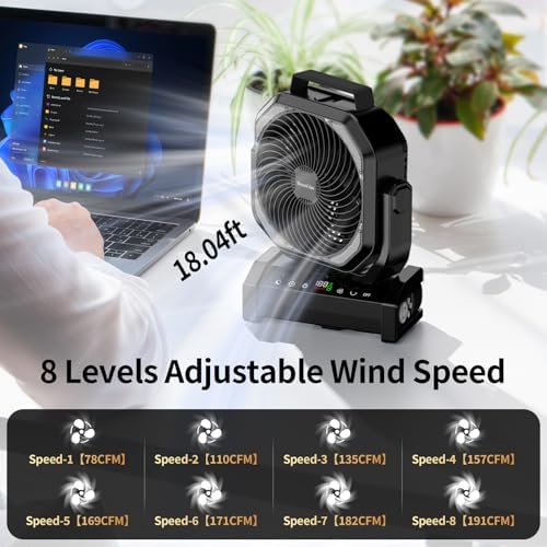 Socool Camping Fan with Light, 20000mAh Rechargeable Battery Fan with Remote, 112Hrs & 8 Speeds, Digital Display, Timer, Auto Oscillation, 270° Pivot & Hook for Outdoor Tent, Hurricane, Power Outage - Image 2