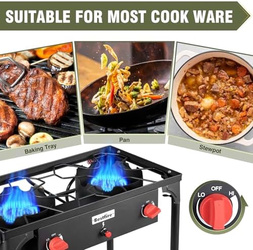 BESTFIRE 2 Burner Camping Stove,150,000 BTU High Pressure Outdoor Propane,4ft 20 PSI Adjustable Regulator Hose With Removable Legs for Backyard Cooking Camping Home - Image 4