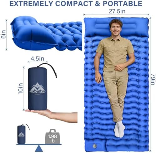 FUN PAC Camping Sleeping Pad with Pillow Built-in Foot Pump Inflatable Sleeping Mat Compact for Camping Backpacking Hiking Traveling - Blue - Image 5