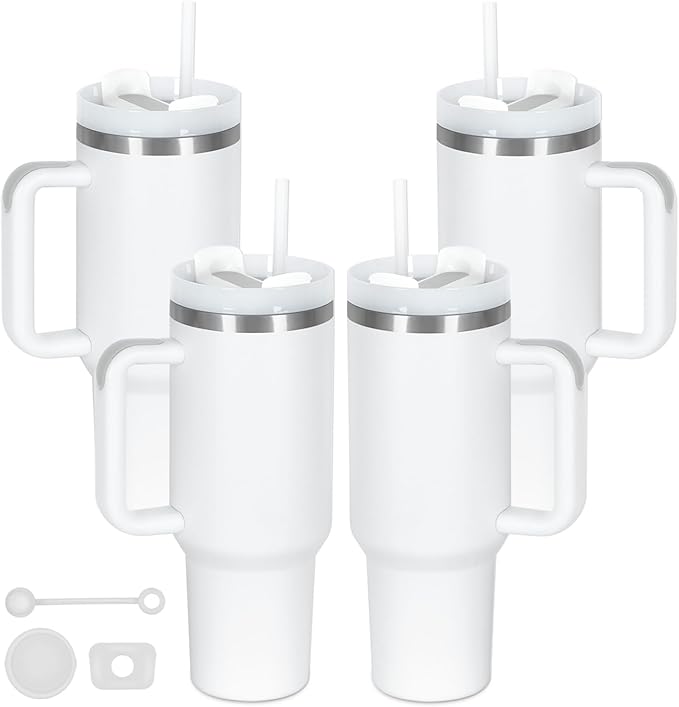 4 Pack 40 Oz Tumbler with Handle Bulk, Double Wall Vacuum Insulated Stainless Steel Tumbler with Lid and Straw, 40 oz cup with Silicone Spill Proof Stopper Set (White) by Temolulu