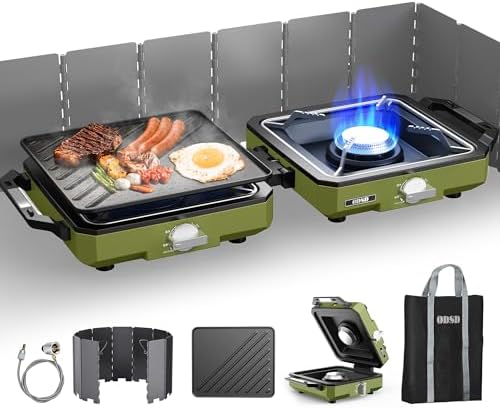 ODSD 2 Burner Camping Stove with Windshield, 20000 BTU Propane Camp Stove, Portable Folding Gas Stove, Camping Essentials Gear Includes Frying Pan, Coffee Stand & Carry Bag, Green by ODSD