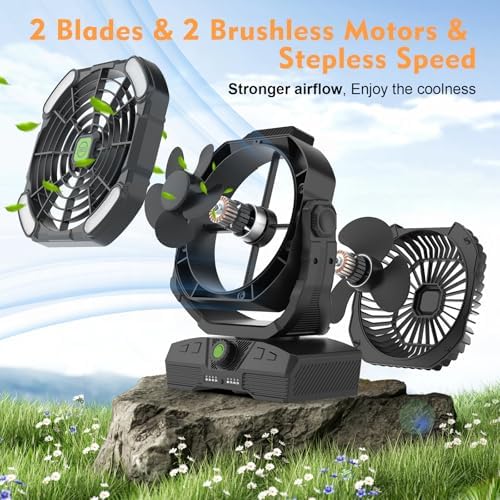 RUNTOP 20000mAh Camping Fan, Oscillating High Speed Rechargeable Battery Operated Fan w/RGB Light,Remote,Hanging Hook, Outdoor Portable Fans Battery Powered Personal USB Desk Fan for Tent, Travel - Image 2