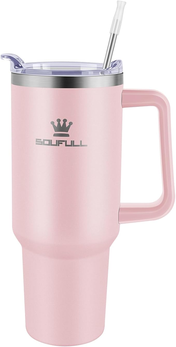 40 oz Tumbler with Handle and Straw Lid, 100% Leak-proof Travel Coffee Mug, Stainless Steel Insulated Cup for Hot and Cold Beverages, Keeps Cold for 34Hrs or Hot for 10Hrs, Dishwasher Safe (Pink) - Image 2