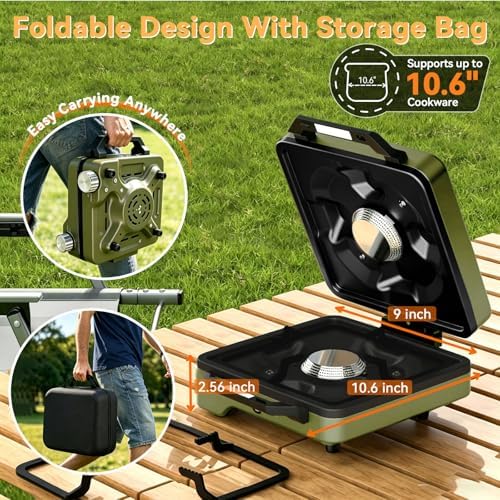2 Burner Camping Stove with 2-In-1 Cookware Set, 24000 BTU Propane Gas Stove, Foldable Camp Stove with Frying Pan, Pot, Windshield & Carry Bag, Camping Essentials for Picnic, RV, Camp kitchen, Green - Image 4