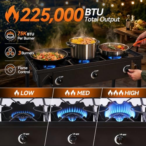 3 Burner Propane Stove, 225,000 BTU Outdoor Cooker - Image 3