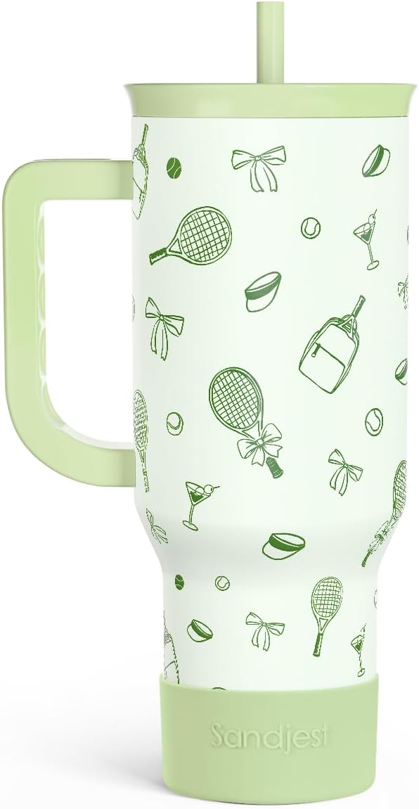 SANDJEST Tennis 40oz Tumbler With Handle and Straw, Insulated Stainless Steel Travel Coffee Mug for Women Girls Tennis Players, Gift Idea for Birthday Christmas Mothers Day by SANDJEST
