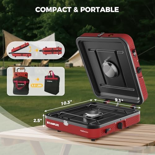 CAMPLUX FoldGo 2 Burner Portable Camping Stove 17,200 BTU, Foldable Propane Stove for Outdoor Cooking with Carry Bag, Portable Gas Stove with 2 Adjustable Burners, Red - Image 5