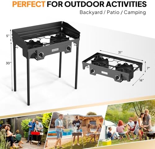 ROVSUN 2 Burner Outdoor Camping Stove with Wind Panel, 150,000 BTU Propane Burner, Gas Cooker with Detachable Legs & CSA Regulator for Home Camp Paito Cooking Frying Canning - Image 6