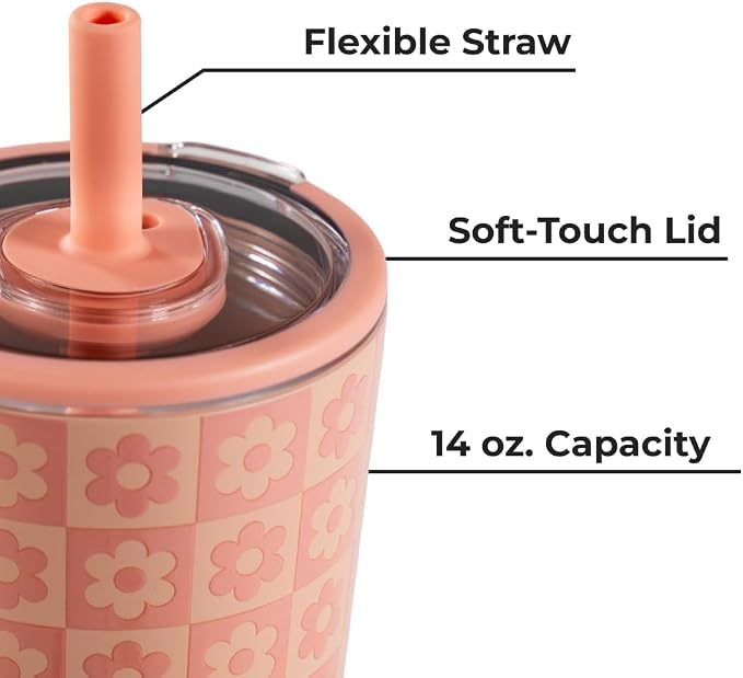 HydroJug Everyday Tumbler 14 oz – Ceramic-Lined Insulated Tumbler with Straw and Soft-Touch Lid, Cup Holder Friendly, Double-Wall Vacuum Insulation, Reusable Travel Cup – Daisy Checkers - Image 6